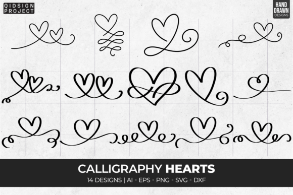 Download 14 Calligraphy Hearts, Hand Drawn Heart - Hearts Collection